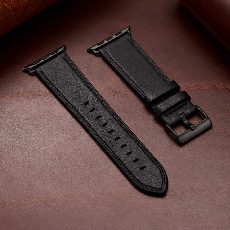 OUHENG Compatible with Apple Watch Band 40mm 38mm, Genuine Leather Band Replacement Strap Compatible with Apple Watch Series 6/5/4/3/2/1/SE, Black Band with Black Adapter Black/Black 38mm/40mm - LeoForward Australia