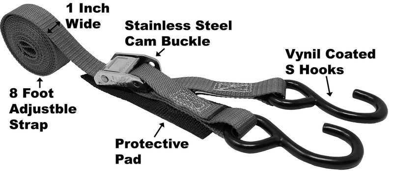  [AUSTRALIA] - 1 Inch Stainless Steel Cam Buckle Tie Down, Pull Loop for Easy Tightening, Vinyl Coated S Hook On Each End, Total Strap Length 8.5 Ft, Polyester Tie-Down Webbing. Gray