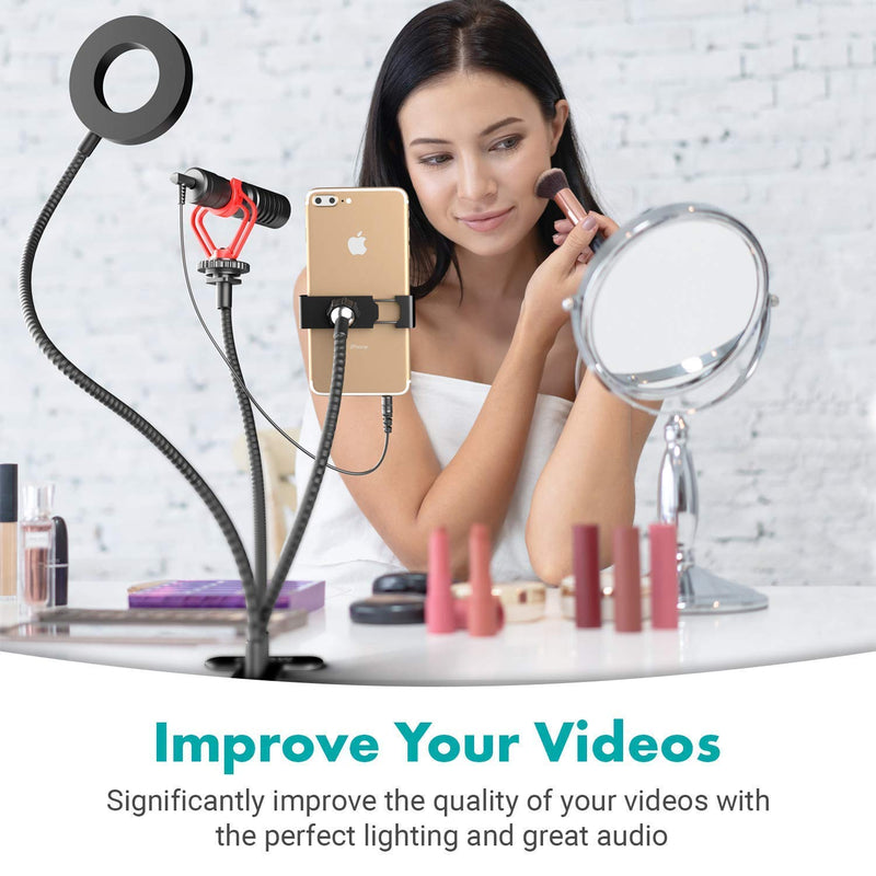  [AUSTRALIA] - Movo Desk Ring Light with Stand and Phone Holder with VXR10 Video Microphone Compatible with iPhone, Android Smartphones - Smartphone Video Recording Kit Perfect for Vlogging and YouTube Equipment