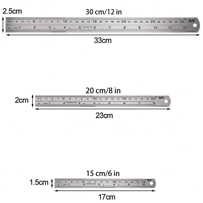  [AUSTRALIA] - KEWAYO Stainless Steel Ruler , 6/8/12 Inch Metal Metric and Imperial Rulers Kit for School, Office, Home, Architect, Engineers, Craft (3 Pieces)