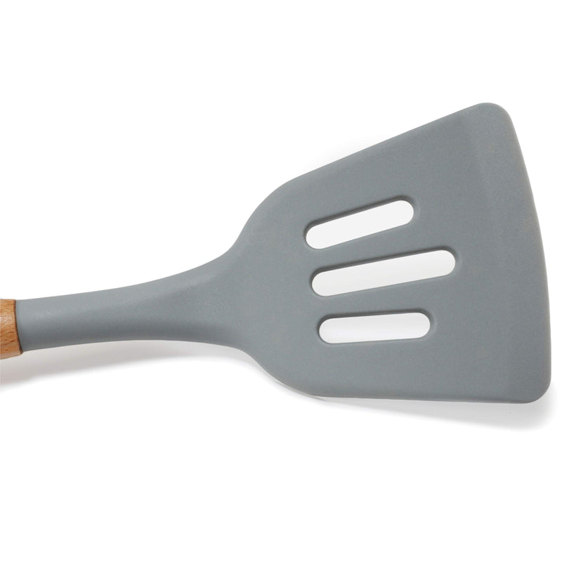  [AUSTRALIA] - Classic Wood Handle Silicone Slotted Head Turner | Antiseptic, No Plastics, BPA-Free Silicone Spatula Turner for Kitchen Cooking | by Kitchen Delight (13-Inch, Wood Tone + Grey)