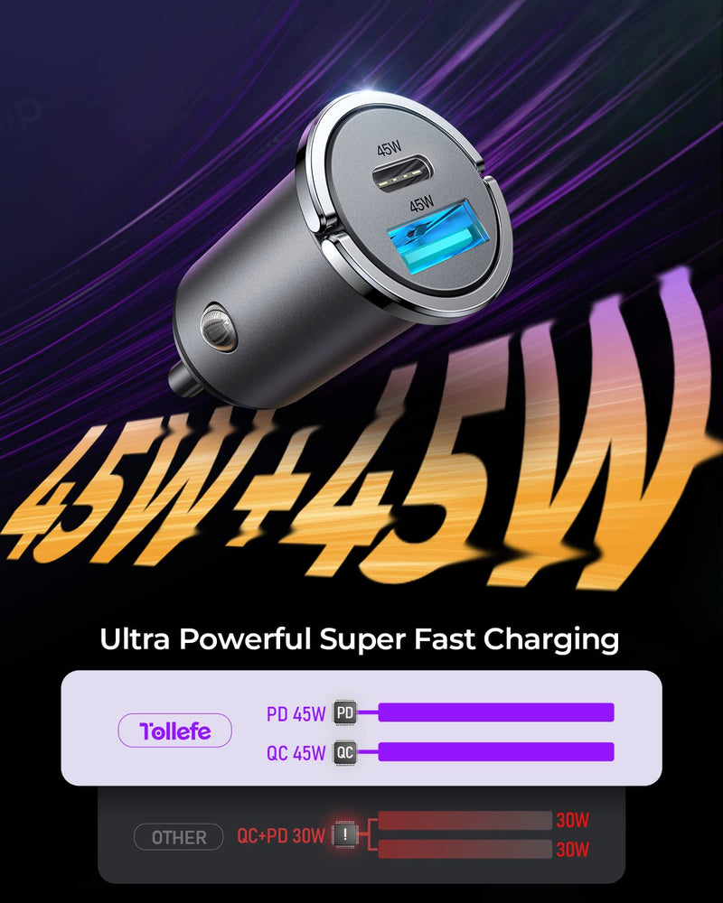  [AUSTRALIA] - USB C Car Charger, [PD45W & QC45W] Dual Fast Ports Fast Charge Car Charger [All Metal & Mini] Cigarette Lighter Adapter for iPhone 14/13/12 Pro Max Samsung S22/21 Note20/10 Google Pixel, iPad Pro B-Gray