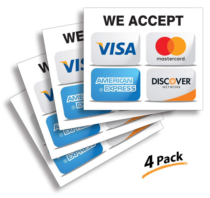  [AUSTRALIA] - Credit Card Sticker Signs Stickers – 4 Pack 7”x 6” Inch - We Accept Visa, MasterCard, Amex & Discover, Premium Self-Adhesive Vinyl, Laminated, UV, Weather, Scratch, Water and Fade Resistance