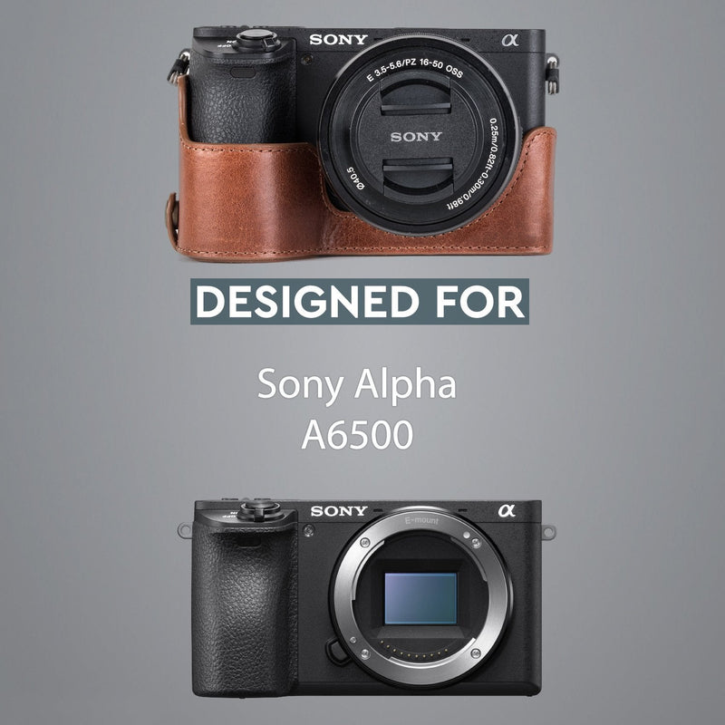  [AUSTRALIA] - MegaGear MG1204 Sony Alpha A6500 Ever Ready Genuine Leather Camera Half Case & Strap with Battery Access, Dark Brown