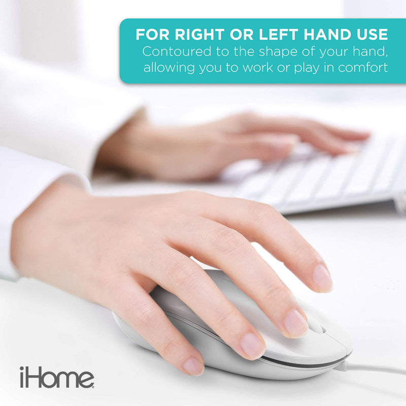 iHome Wired Mac Mouse with Scroll Wheel, 3-Buttons, 1600 DPI, Laptops and Computers, Slim and Compact, Right or Left Hand Use, White - LeoForward Australia