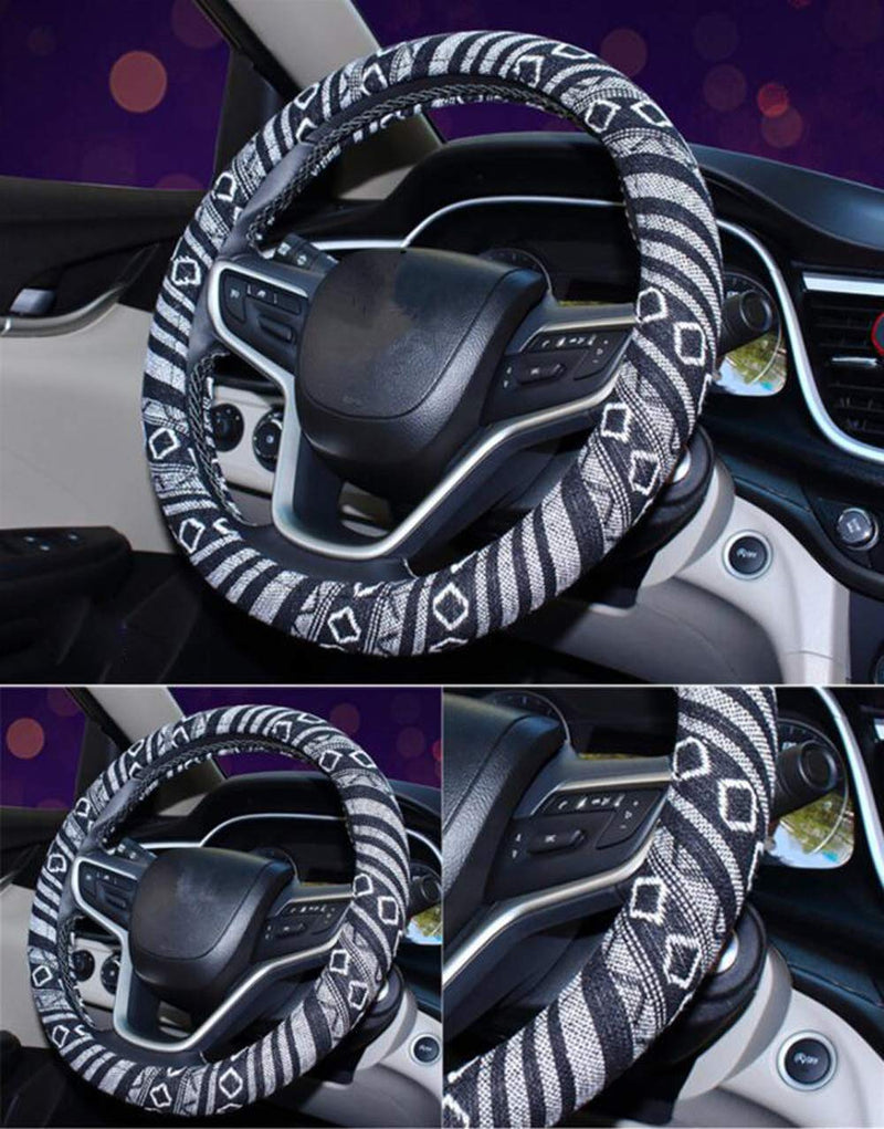  [AUSTRALIA] - i-Will Ethnic Style Steering Wheel Cover Bohemian Coarse Flax Cloth 15 Inch Wheel Handle Protector Durable Anti-Slip Sweat-Absorption Universal Fit Car Accessories (E) E