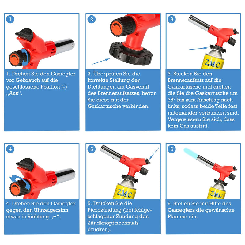  [AUSTRALIA] - ZMC gas burner 1.0kW + 8 gas cartridges 227g, flambé burner up to 1300°C, Bunsen burner soldering burner, kitchen burner with adjustable flame, burner attachment gas burner gas lighter with 8x gas