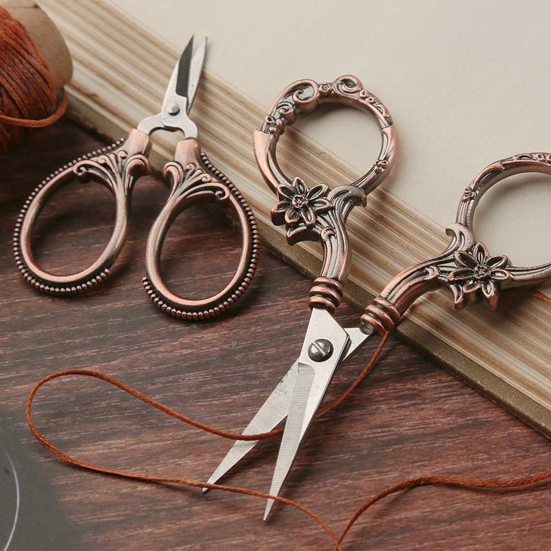  [AUSTRALIA] - 2 Pair Embroidery Scissors, Classic Daisy Design Scissors Sharp Tip Stainless Steel, Vintage Sewing Scissors DIY Tools Dressmaker Small Scissor for Fabric, Embroidery, Craft, Needlework(Red Bronze)