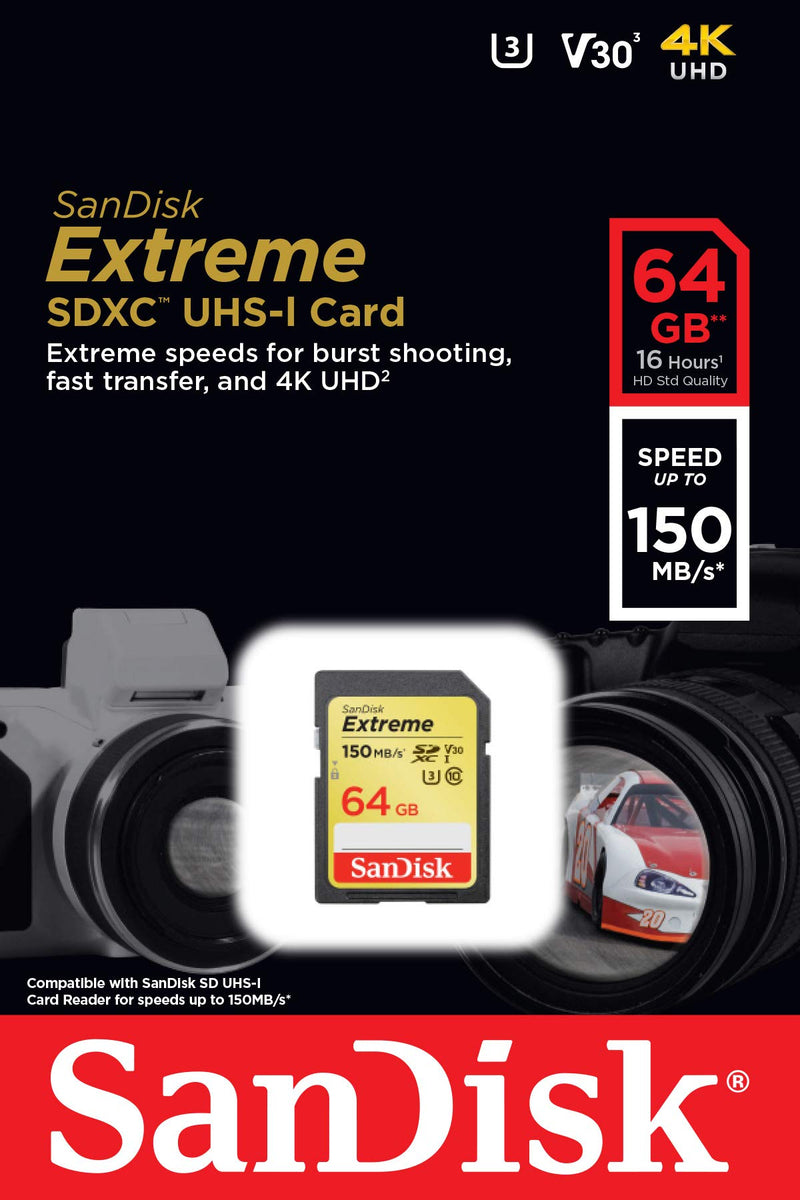  [AUSTRALIA] - SanDisk 64GB Extreme SDXC UHS-I Card - C10, U3, V30, 4K UHD, SD Card - SDSDXV6-064G-GNCIN, Black
