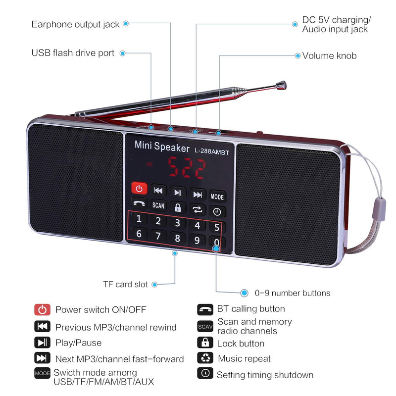 Multi-Functional Digital AM/FM Radio,Bluetooth mp3 Music Player,Supporting TF Card and USB Storage,LED Screen Timing Shutdown Function,Double Loudspeaker Stereo(red) Red - LeoForward Australia