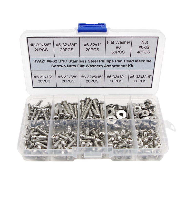  [AUSTRALIA] - HVAZI #6-32 UNC Stainless Steel Phillips Pan Head Machine Screws Nuts Flat Washers Assortment Kit #6-32UNC