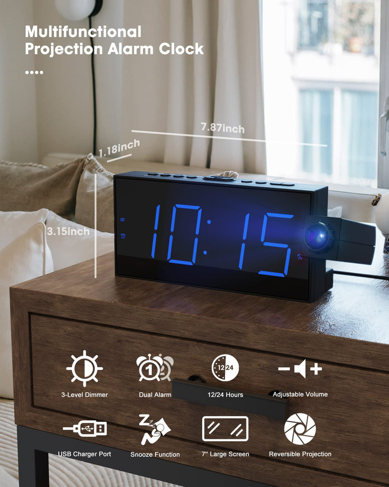  [AUSTRALIA] - Projection Alarm Clock for Bedroom,LED Digital Clock Projection on Ceiling Wall with USB Phone Charging,Battery Backup,180°Projector& Dimmer,12/24H,DST,Snooze,Dual Loud Bedside Clock for Heavy Sleeper Blue