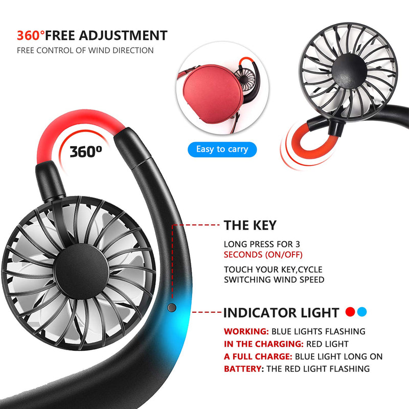  [AUSTRALIA] - Portable Neck Fan Hand Free Personal Mini Fans USB neck hang fan, 360 Degree Free Rotation personal cooling fan handheld portable fans,Wearable neck fan Suitable for Traveling ,Sports, Office(Black) Black