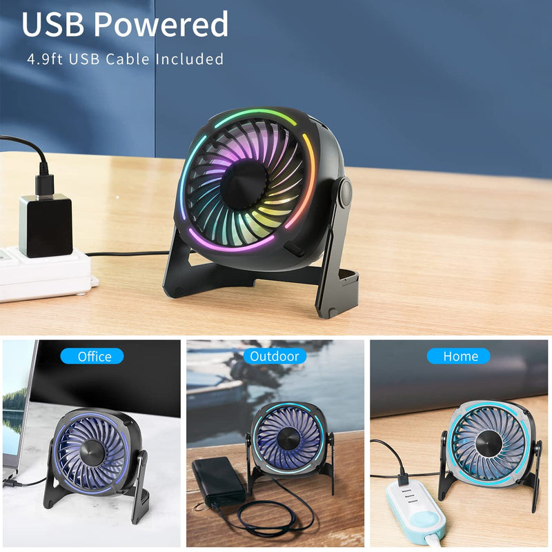  [AUSTRALIA] - Punoge Small USB Desk Fan - 5.3 Inch Portable Table Fan with 3 Levels Air Flow, 8 Color LED Lights, 360° Rotation, Quiet Mini Personal Fan for Home Office Desktop