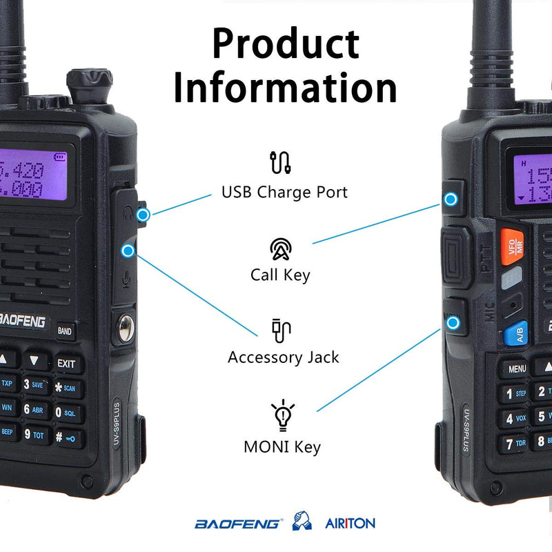 Airiton&BAOFENG UV-S9 Plus 8W/4W/1W Portable Ham Radio Handheld Dual Band 2 Way Radio with 2200mAh Battery USB Charger Cable (Black) black - LeoForward Australia