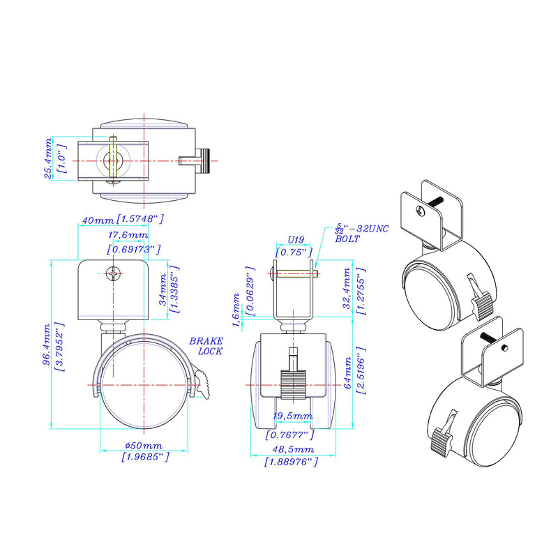 2" Wheel Diameter | Black Nylon Swivel Hooded Samson Twin Wheel Caster with Brake | and U-Clip Stem | Swivel Radius of 2-1/8" | 4 Pack by Outwater - LeoForward Australia