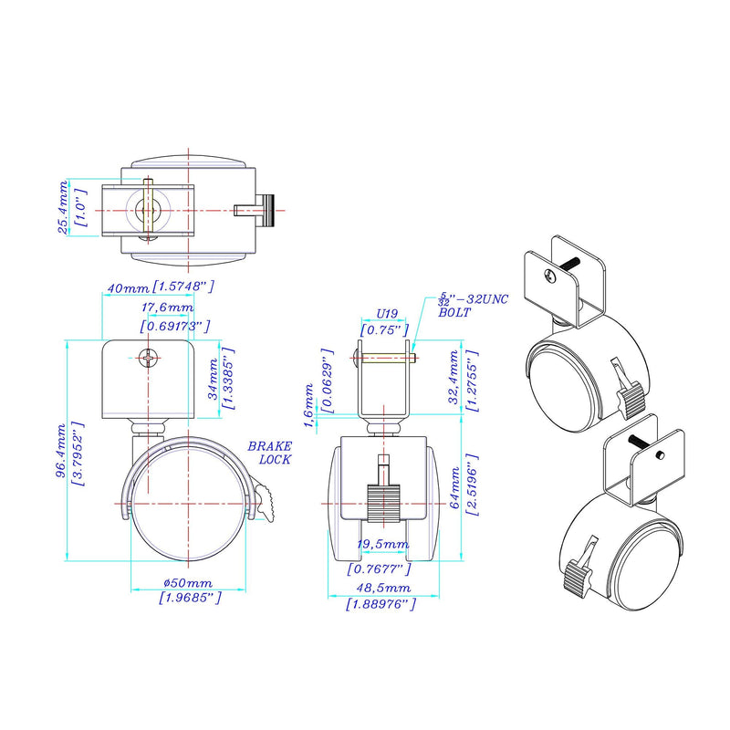  [AUSTRALIA] - 2" Wheel Diameter | Black Nylon Swivel Hooded Samson Twin Wheel Caster with Brake | and U-Clip Stem | Installed mounting height: 2-1/2''| 4 Pack