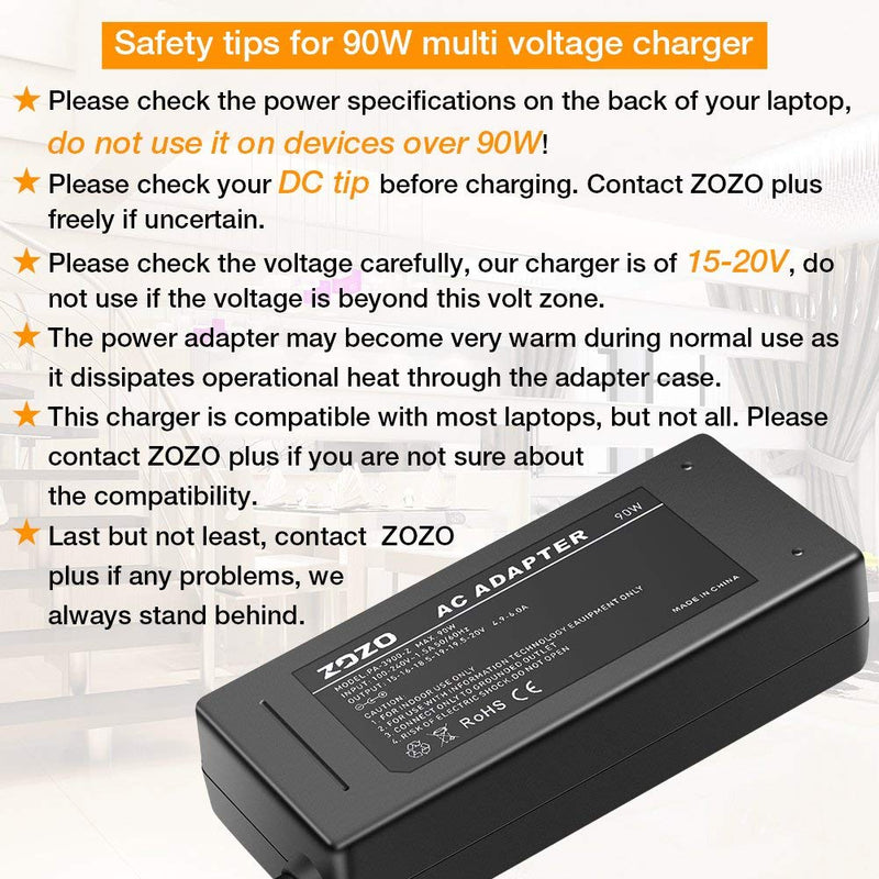 ZOZO 90W AC Laptop Charger for HP Dell Toshiba IBM Lenovo Acer ASUS Samsung Sony Fujitsu Gateway Notebook Ultrabook Chromebook DC Output 15V 16V 18.5V 19V 19.5V 20V Power Adapter Supply Cord - LeoForward Australia