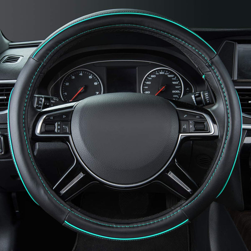  [AUSTRALIA] - CAR PASS Colour Piping Leather Universal Fit Steering Wheel Cover,Perfectly fit for Suvs,Vans,Trucks,Sedans,Cars (Black and Mint) Black And Mint