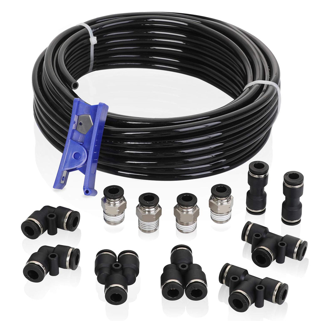  [AUSTRALIA] - Hromee Air Line Tubing Kit, 1/4 Inch (6.35MM) OD x 32.8 Feet Polyurethane PU Tube and Push to Connect Fittings, 14 PCS Compressed Pipe and Accessories Kit Polyurethane (PU)