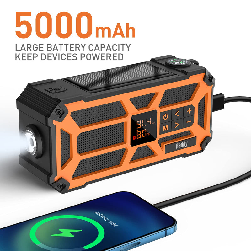  [AUSTRALIA] - Raddy SW5 Emergency Radio, IPX5 Waterproof 5000mAh Battery Hand Crank Solar Power Bank, with NOAA Weather AM FM, Flashlight Compass for Power Outage Hurricane Outdoor