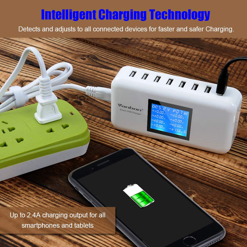 [AUSTRALIA] - Multiple USB Charger, 60W/12A 8-Port Desktop Charger Charging Station Multi Port Travel Fast Wall Charger Hub with LCD for Smart Phones, Tablet and More (White)