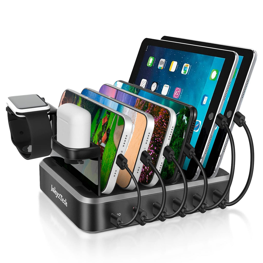  [AUSTRALIA] - Charging Station for Multiple Devices, 60W 6-Port Charging Dock with PD 20W USB-C & Quick Charge 3.0, 6 Short Charging Cables Included,Smartwatch Holder, Compatible with iPhone iPad Cell Phone Tablets