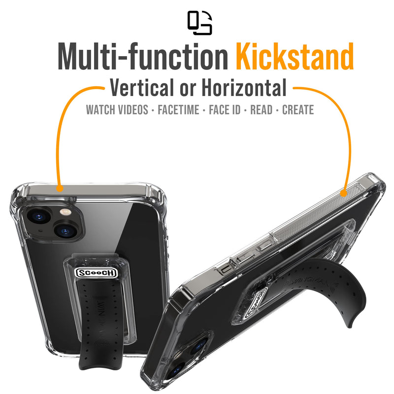  [AUSTRALIA] - Scooch iPhone 14 Plus Case with Stand, Phone Grip, and Car Vent Mount [Wingman] with $100 Device Coverage, Military Grade Drop Protection, Three-Way Kickstand, Works w/Magnetic Car Mounts (Clear) Clear