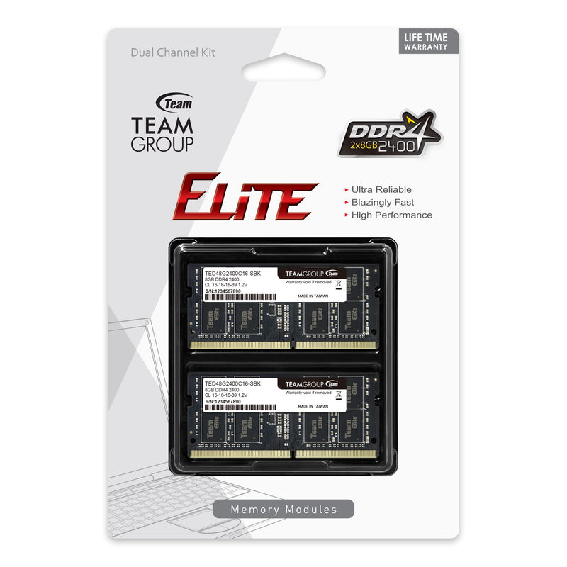  [AUSTRALIA] - TEAMGROUP Elite 16GB Kit (2 x 8GB) DDR4 2400MHz PC4-19200 CL16 Unbuffered Non-ECC 1.2V SODIMM 260-Pin Laptop Notebook PC Computer Memory Module Ram Upgrade - TED416G2400C16DC-S01 16GB Kit (2x8GB)