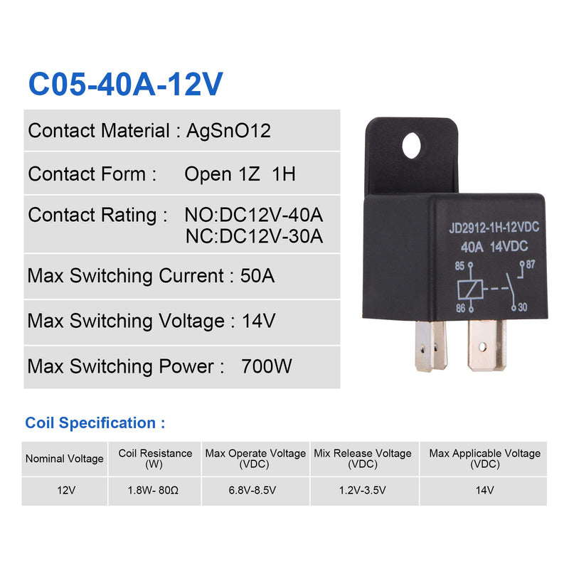 EHDIS Car Relay 4 Pin 12v 40amp Spst Model No.: JD2912-1H-12VDC 40A 14VDC, Auto Switches & Starters，Pack of 5 - LeoForward Australia