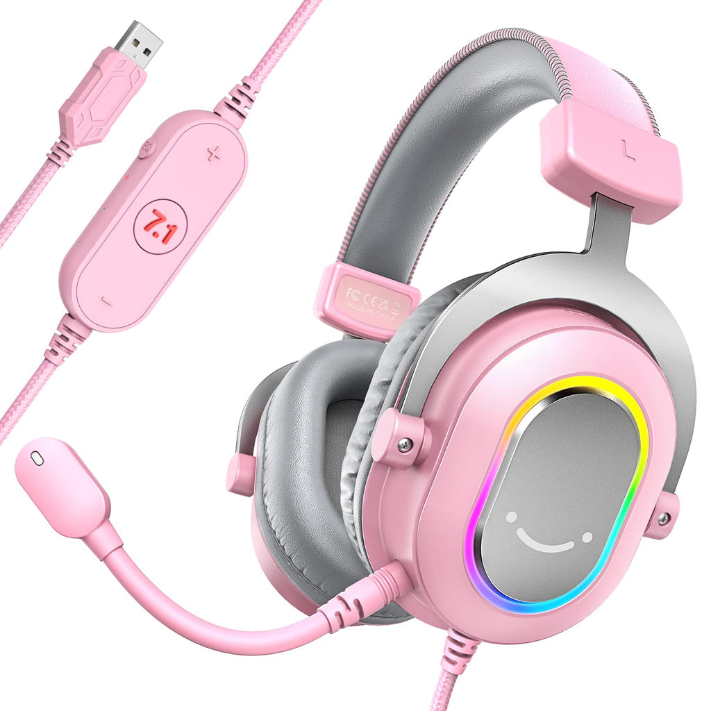  [AUSTRALIA] - FIFINE PC Gaming Headset, USB Wired Headset with Microphone, 7.1 Surround Sound, in-Line Control, Computer RGB Over-Ear Headphones for PS4/PS5, for Streaming/Game Voice/Video-AmpliGame H6 (Pink) Pink
