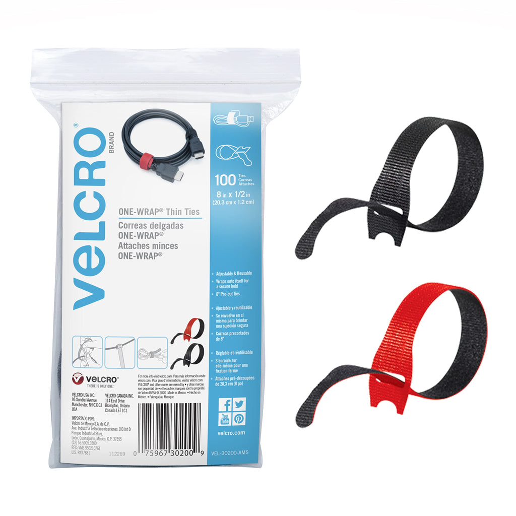  [AUSTRALIA] - VELCRO Brand Cable Ties, 100Pk - 8 x 1/2" Red and Black, Reusable Alternative to Zip Ties, ONE-WRAP Thin Pre-Cut Cord Organization Straps, Wire Management for Office or Home, VEL-30200-AMS, Black/Red