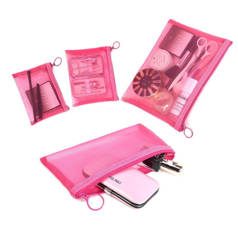 Patu Zipper Mesh Bags, Pack of 4 (S/M/L & Pencil Pouch), Beauty Makeup Cosmetic Accessories Organizer, Travel Toiletry Kit Set Storage Case, Pink Pink (4 pcs) - LeoForward Australia