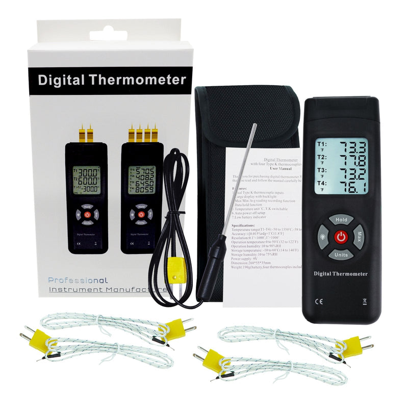  [AUSTRALIA] - Thermometer 4 Channels K-Type Thermocouple Sensor Tester with K-Type Metal Probe, Backlight and Temperature Instrument