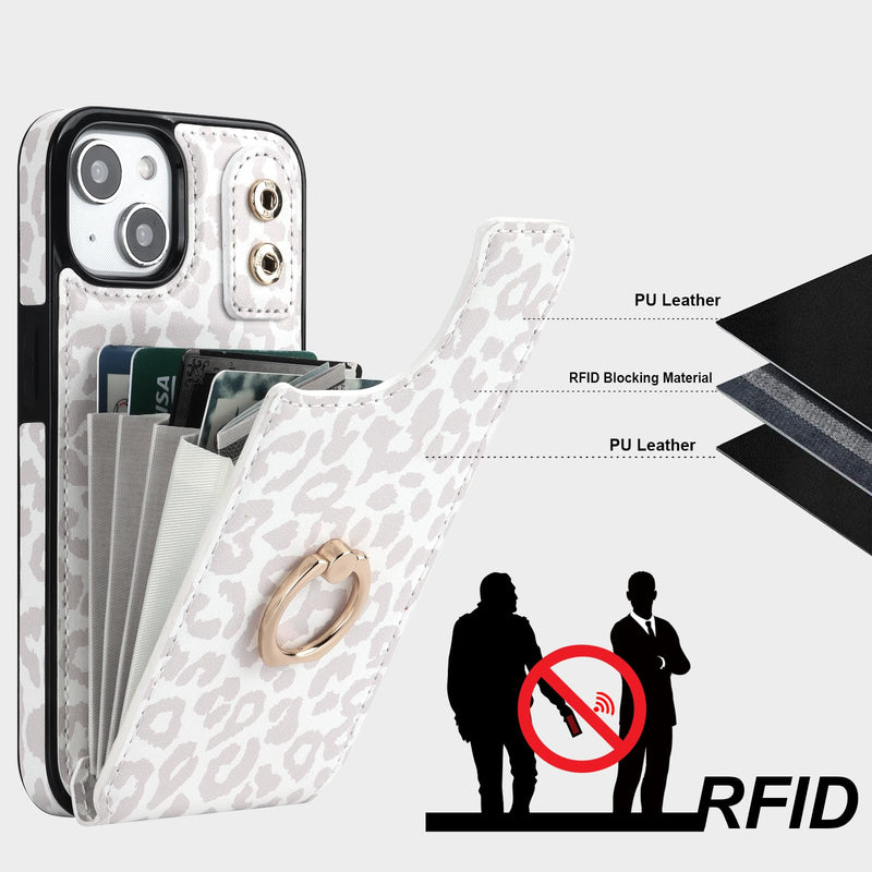  [AUSTRALIA] - HAOPINSH for iPhone 13/ iPhone 14 Wallet Case with Card Holder, 360°Rotation Ring Kickstand, White Leopard Cheetah Pattern, RFID Blocking Leather for Girls Women, Double Buttons Flip Protective 6.1"