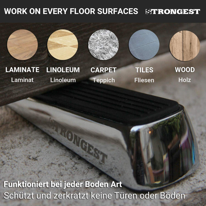  [AUSTRALIA] - Strongest Door Stopper, Heavy Duty Door Stop Wedge Made of Premium Quality Zinc and Rubber Suits Any Door, Any Floor. Set of 2 Plus Bonus Self Adhesive Wall Protectors Black Silver 2 Pack