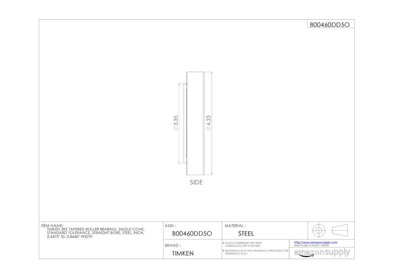  [AUSTRALIA] - Timken 392 Tapered Roller Bearing, Single Cone, Standard Tolerance, Straight Bore, Steel, Inch, 2.4375" ID, 0.8660" Width