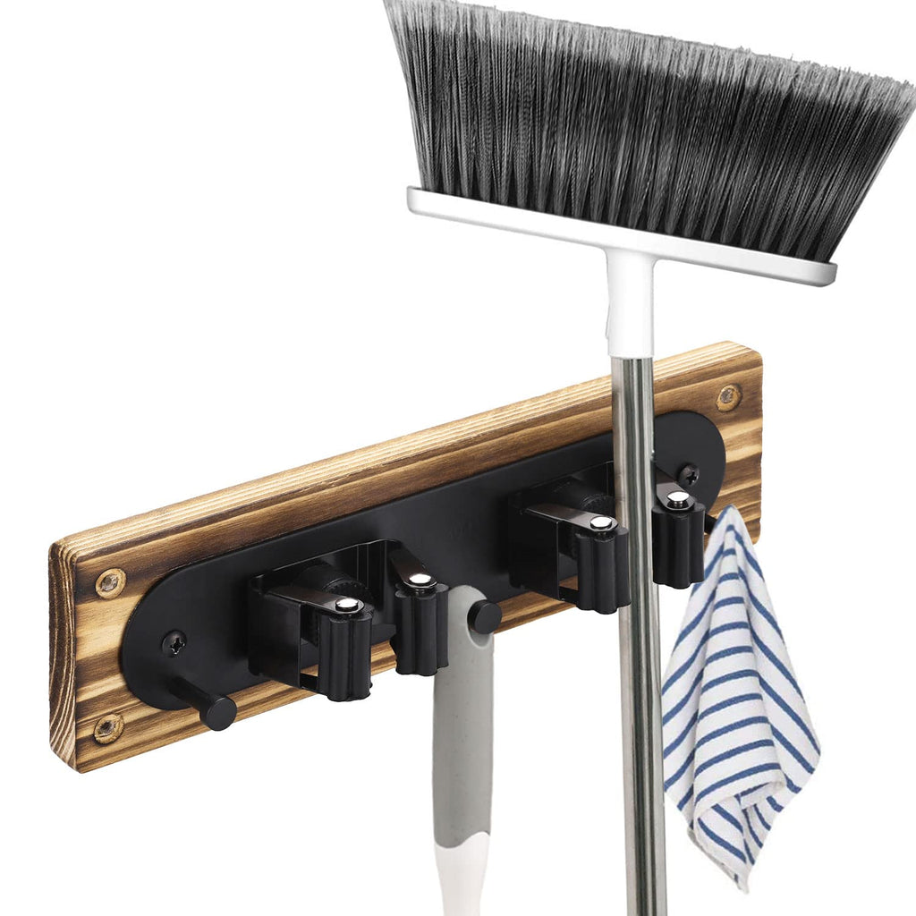  [AUSTRALIA] - MyGift Mop and Broom Holder - Rustic Burnt Wood and Metal Wall Mounted Cleaning Tool Storage Rack with Clips and Hooks, Garage, Garden Tools Closet Organizer