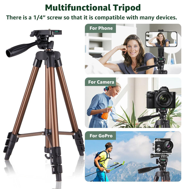  [AUSTRALIA] - Phone Tripod Stand, 55" iPhone Tripod Extendable Lightweight Aluminum with Phone Mount & Wireless Remote & Carry Bag, Adjustable Travel Tripod Compatible with Cell Phone/Camera (Brown)