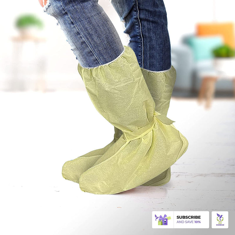  [AUSTRALIA] - AMZ Medical Supply Disposable Shoe Covers for Indoors. Pack of 10 Yellow Shoe Booties Disposable Polypropylene Covers, Universal Shoe Booties with Fixation Ties, Knee-Length. Knee-Length / 10 pairs