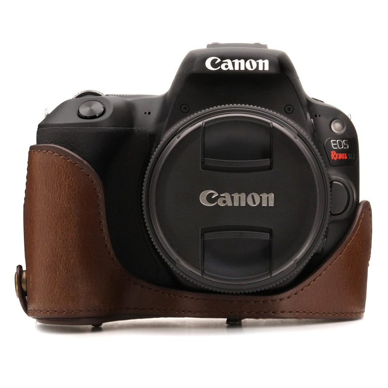  [AUSTRALIA] - MegaGear Ever Ready Leather Camera Case Compatible with Canon EOS Rebel SL3, Kiss X10, Rebel SL2, Kiss X9 18-55mm Lens Dark Brown