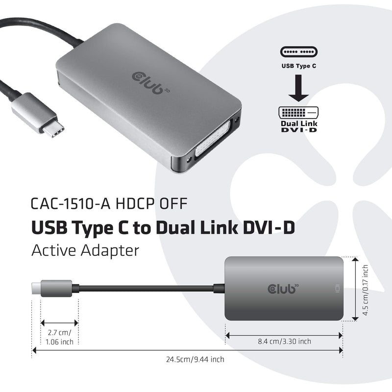  [AUSTRALIA] - Club 3D CAC-1510-A USB C to Dual Link DVI-D Adapter HDCP Off for Apple Cinema Displays, 3840x2160@30hz, 2560x1600@60Hz