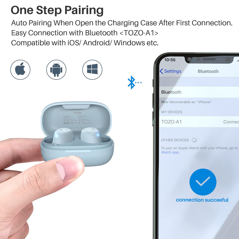  [AUSTRALIA] - TOZO A1 Mini Wireless Earbuds Bluetooth 5.3 in Ear Light-Weight Headphones Built-in Microphone, IPX5 Waterproof, Immersive Premium Sound Long Distance Connection Headset with Charging Case, Blue