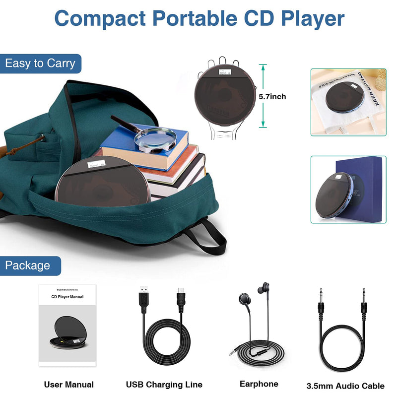  [AUSTRALIA] - CD Player Portable, MONODEAL Portable CD Player for Car Anti-Skip Protection, Rechargeable Walkman CD Player with Headphones for Running & Traveling, Personal Compact CD Player for Seniors, Adult,Kids