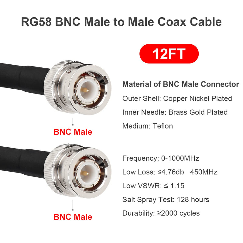 [AUSTRALIA] - MOOKEERF BNC Male to BNC Male Coax Cable 12ft, 50 Ohm RG58 Coaxial Cable with BNC Connectors