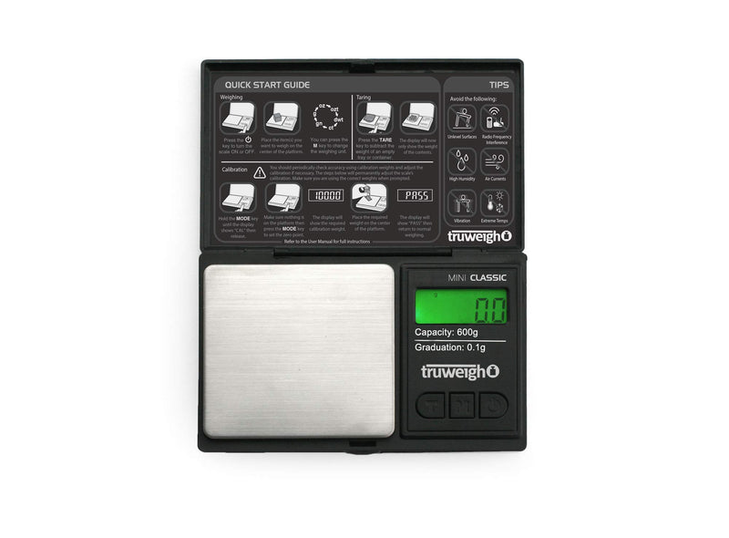 Truweigh MINI CLASSIC Digital Scale (600g x 0.1g - Black/Black) - Digital Food Scale - Digital Kitchen Scale - Small Digital Pocket Scale - Jewelry Scale - Travel Digital Gram Scale - Meal Prep Scale 600g x 0.1g - LeoForward Australia