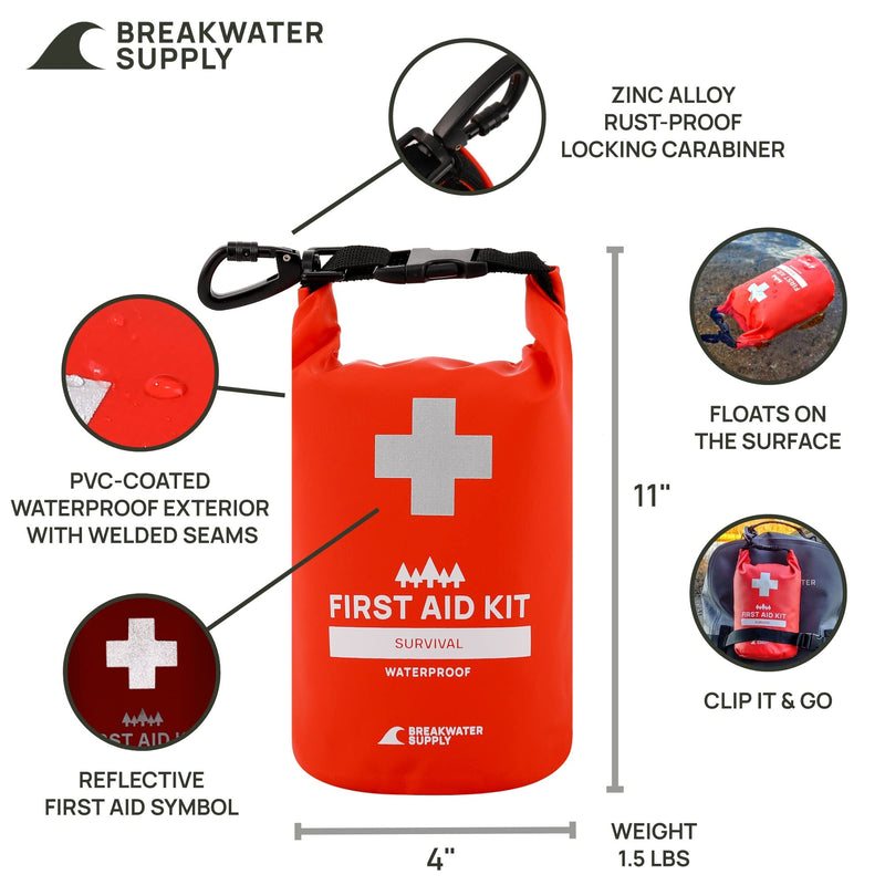  [AUSTRALIA] - Breakwater Supply™ First Aid Kit Survival Emergency Kit, Waterproof, 101 Piece Personal Bug Out Bag + Emergency Supplies for Camping, Hiking, Boating, Fishing, Backpacking in Dry Bag with Splint First Aid Survival Kit (Red)