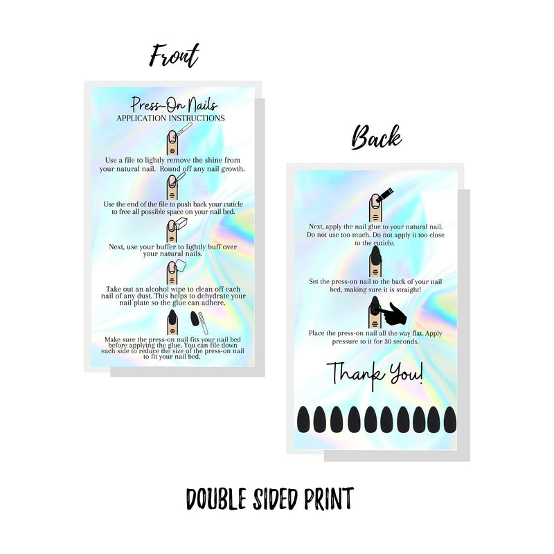  [AUSTRALIA] - Press-On Nail Application Instructions Cards | 50 Pack | 2x3.5" inch Business Card Size | DIY Press-On Nail Kit | Non-Reflective Matte Holographic Look Design