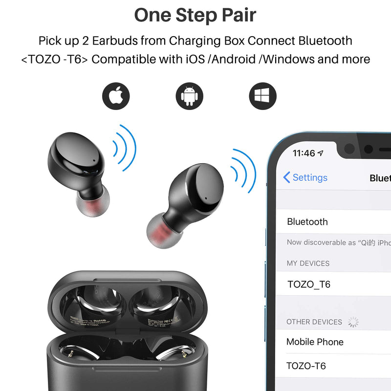  [AUSTRALIA] - TOZO T6 True Wireless Earbuds Bluetooth Headphones Touch Control with Wireless Charging Case IPX8 Waterproof Stereo Earphones in-Ear Built-in Mic Headset Premium Deep Bass for Sport Black Small