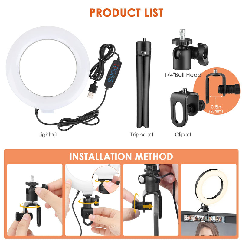  [AUSTRALIA] - 6" Ring Light Clip On, Video Conference Lighting, Laptop Light for Computer, Webcam Lighting, Zoom, Selfie, Remote Working, Distance Learning, YouTube, TikTok 6inch